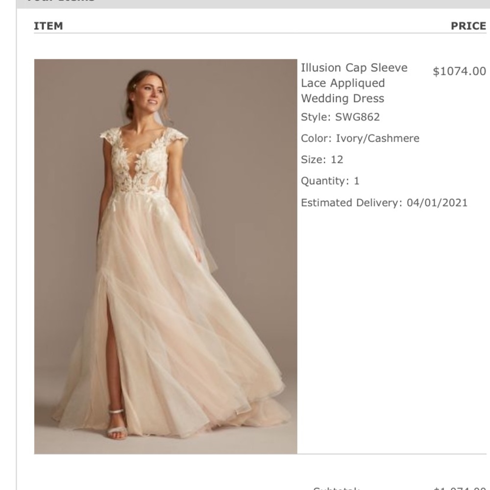 David’s Bridal Illusion Cap Sleeve Lace Appliquéd Wedding Gown - NEVER WORN